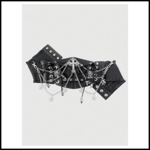 Faux Leather Corset Belt Chain Lace Up Side Elastic Waist Goth Punk Y2K main image 7